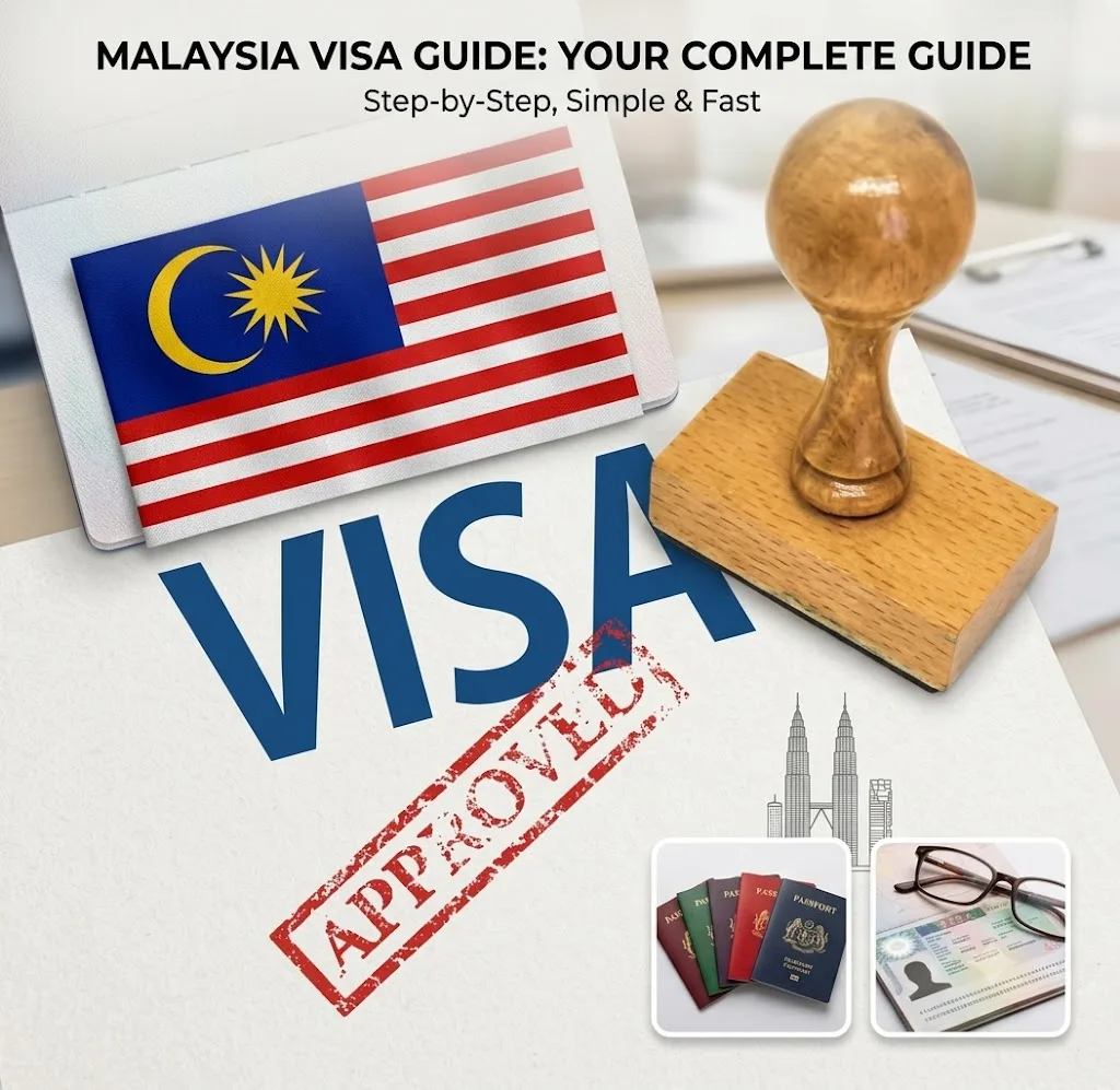 A Malaysia Visa Guide graphic: a Malaysian flag and an approval stamp over a visa application form, with passports and the Petronas Towers.